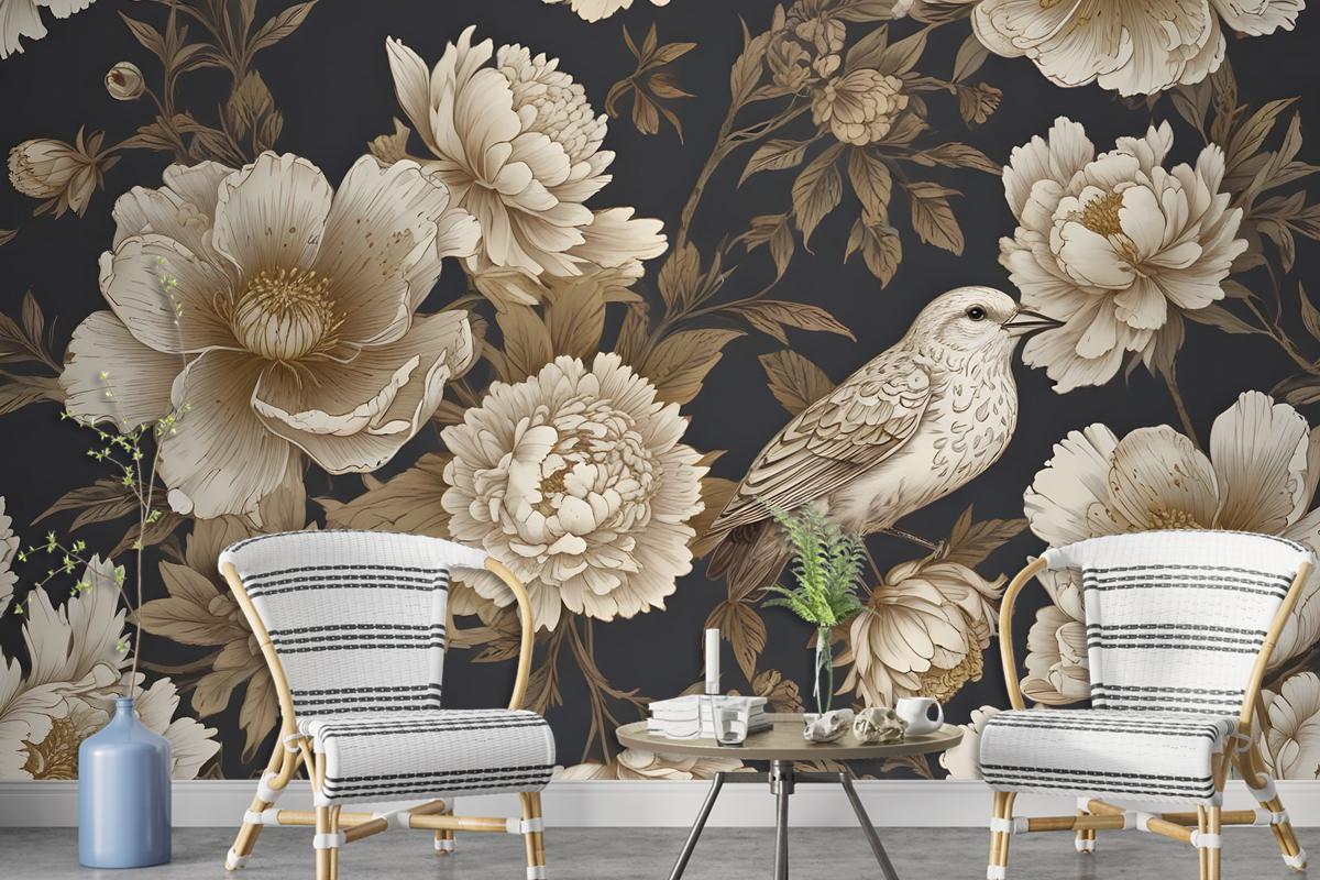 Peony Flowers With Bird Wallpaper Mural