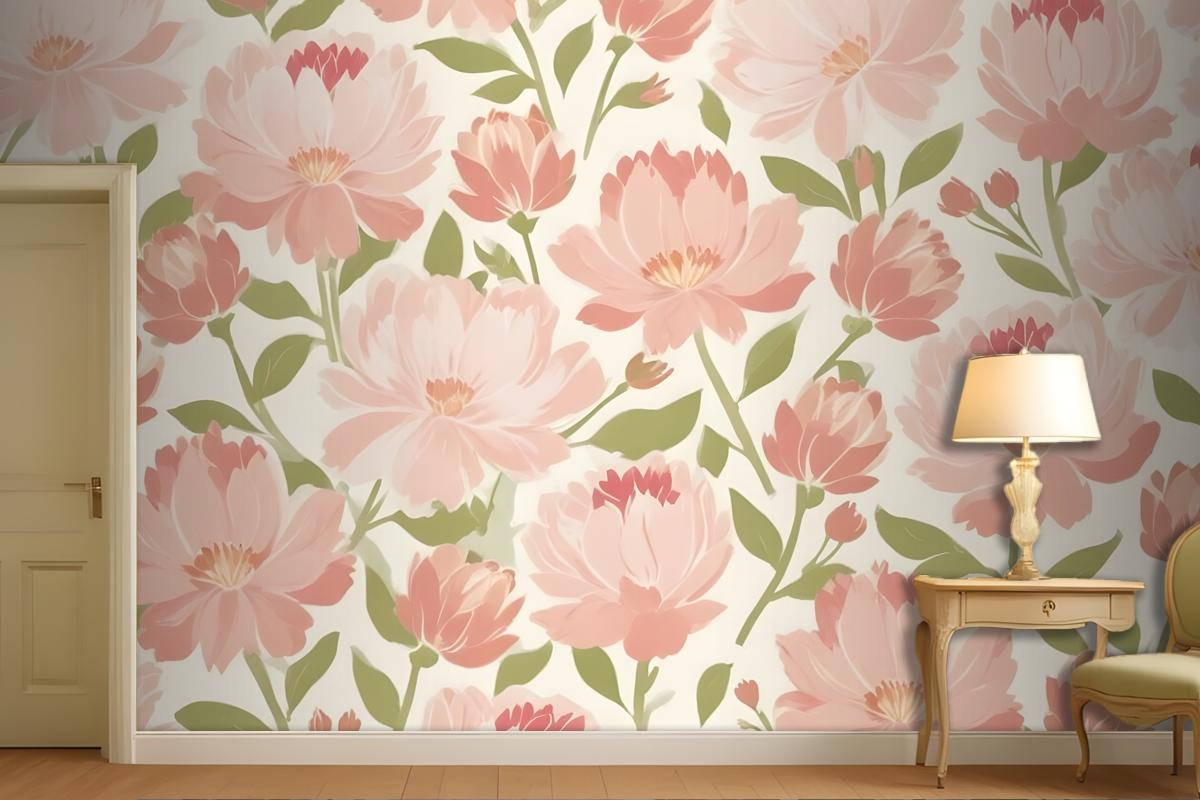 Pink And Peach Flowers With Green Leaves On A Light Wallpaper Mural