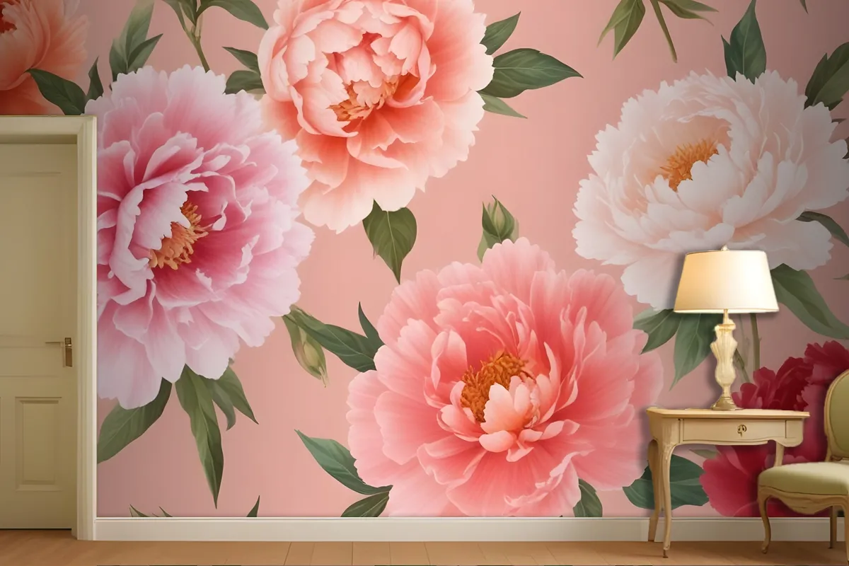 Pink And Peach Peonies With Green Leaves On A Light Pink Wallpaper Mural
