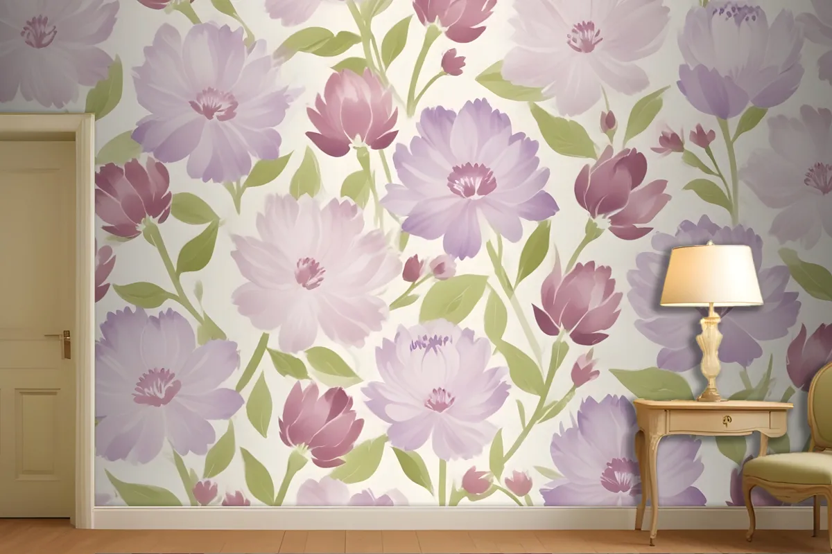 Pink And Purple Flowers With Green Leaves On A Light Wallpaper Mural
