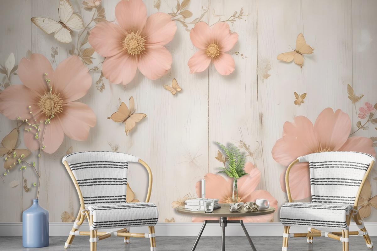 Pink Diamond Daisy With Butterflies Wallpaper Mural