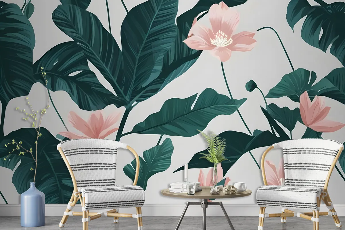 Pink Flower And Leaves Wallpaper Mural