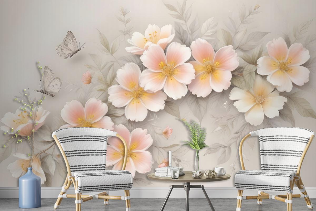 Pink Flower And White Butterfly Wallpaper Mural