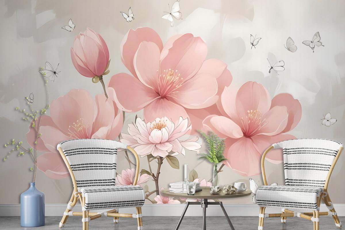 Pink Hdrangea Floral With Little Butterfly Wallpaper Mural