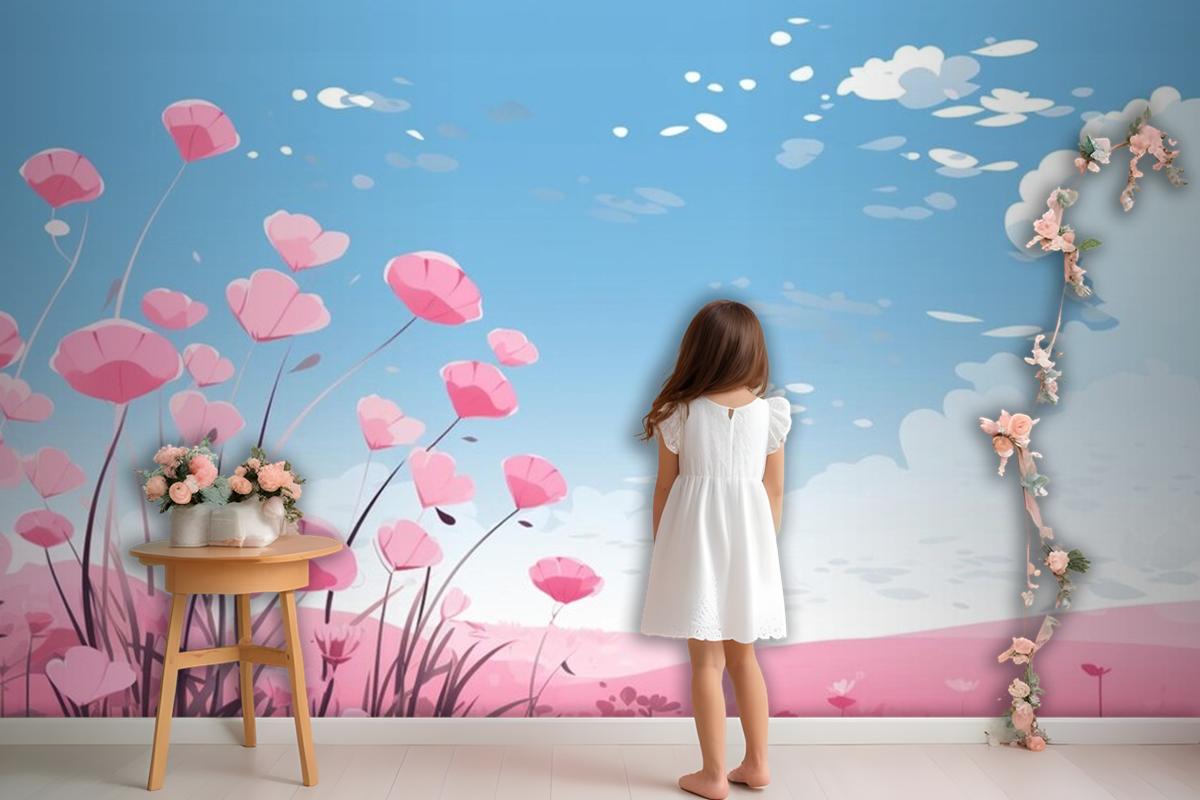 Pink Hearts In The Sky With Flowers And Clouds Wallpaper Mural