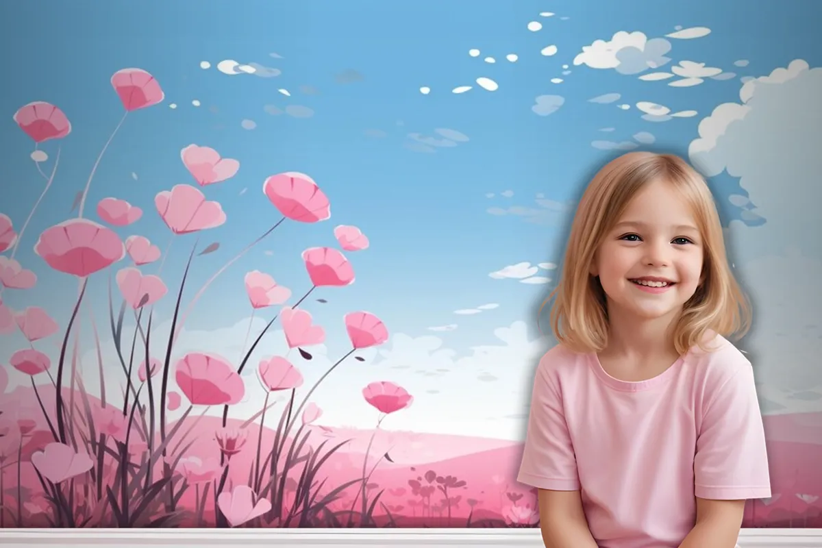 Pink Hearts In The Sky With Flowers And Clouds Wallpaper Mural