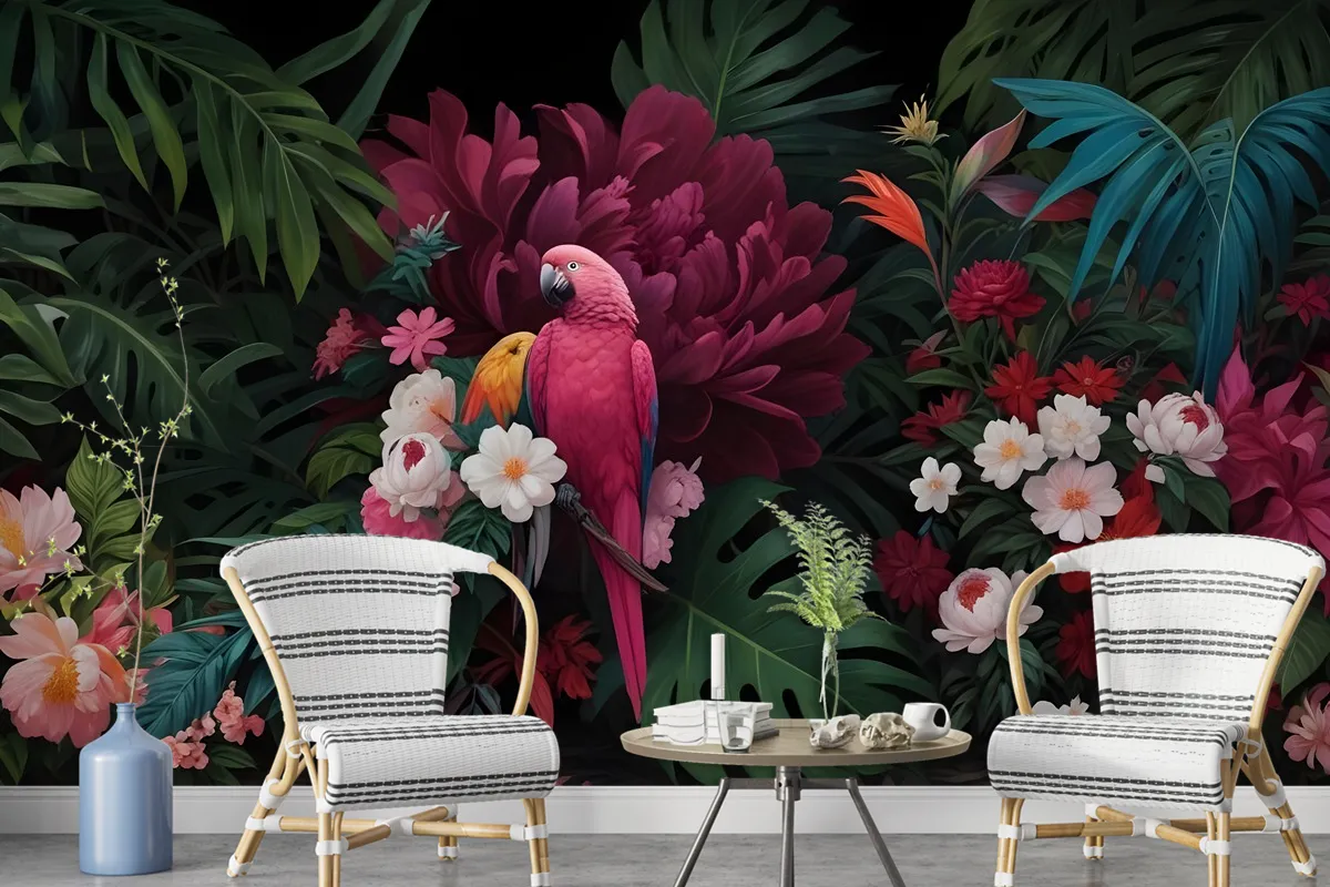 Pink Parrot With Colorful Floral Wallpaper Mural