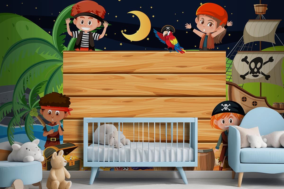 Pirate Kids At The Beach Night Scene With An Empty Wooden Wallpaper Mural