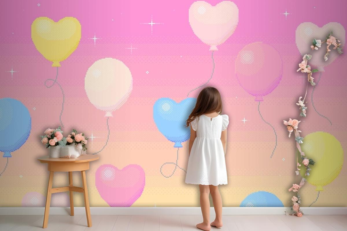 Pixel Art Background Of Balloons Flying In The Dreamy Sky Wallpaper Mural