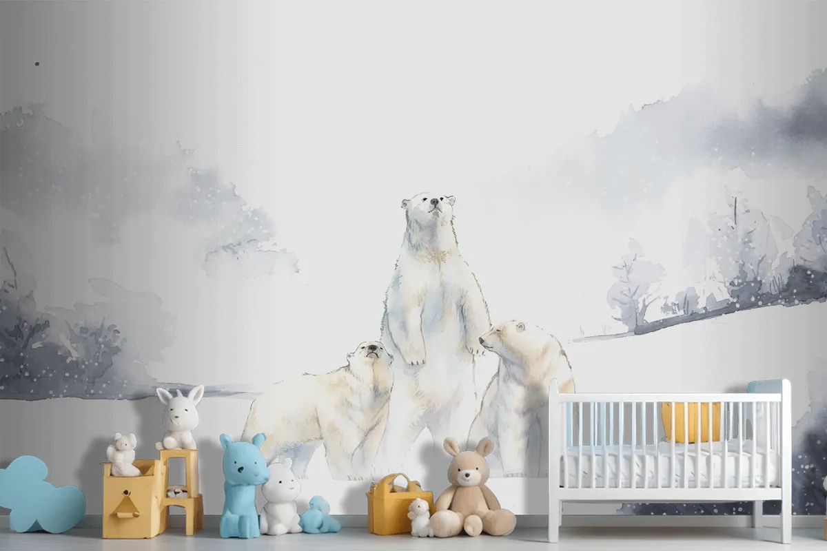 Polar Bears In The Snow Watercolor Wallpaper Mural