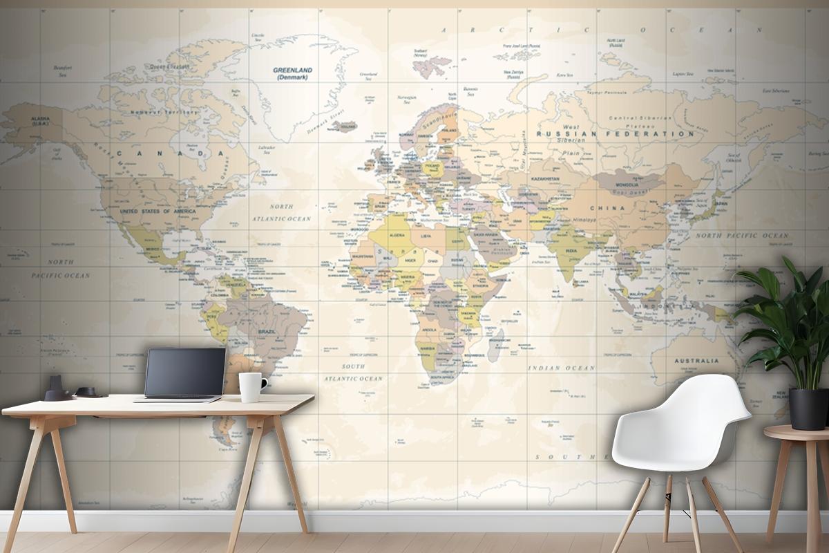 Political Physical Topographic Colored World Map Wallpaper Mural