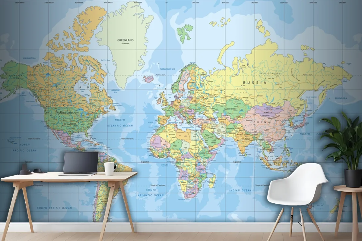 Political World Map In Mercator Projection Wallpaper Mural