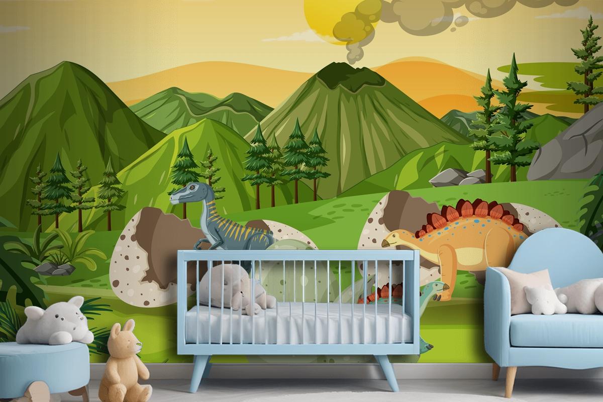 Prehistoric Forest With Dinosaur Cartoon Kids Wallpaper Mural