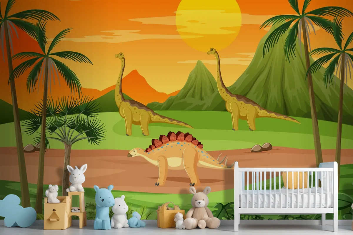 Prehistoric Forest With Dinosaur Cartoon Wallpaper Mural