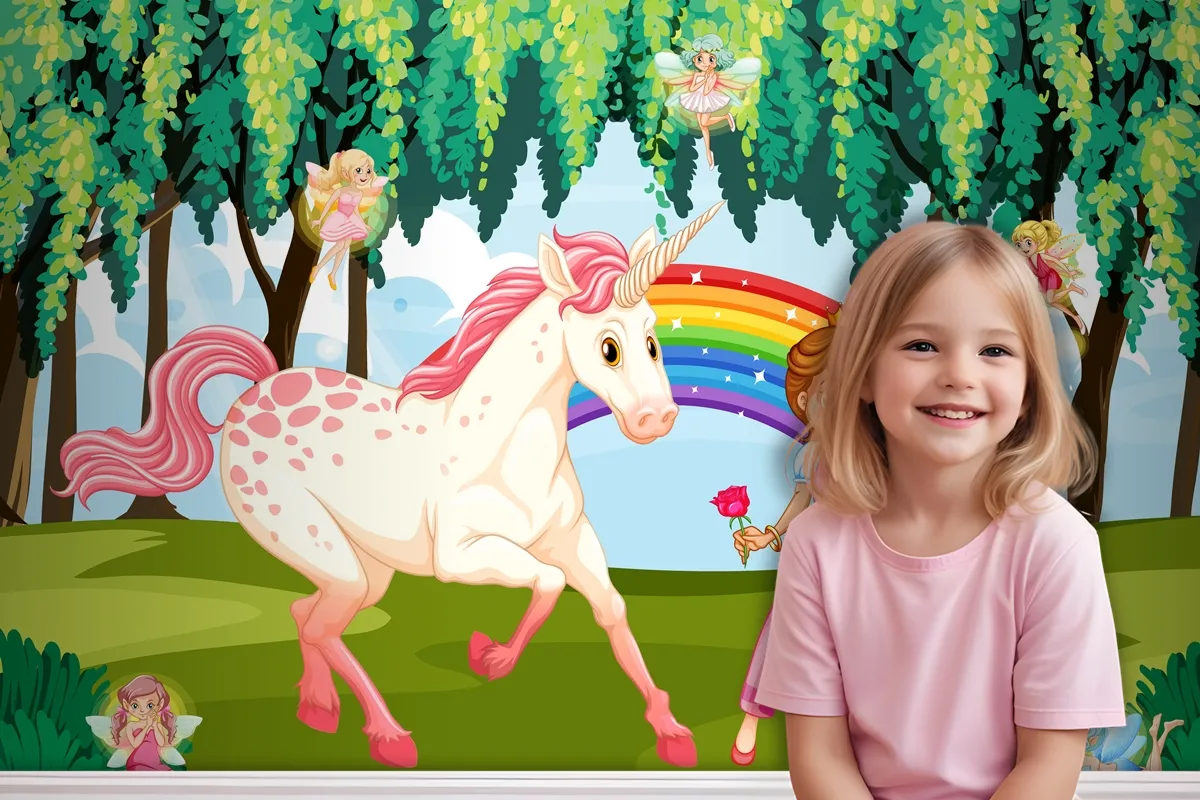 Princess And Unicorn In Enchanted Forest Background Wallpaper Mural