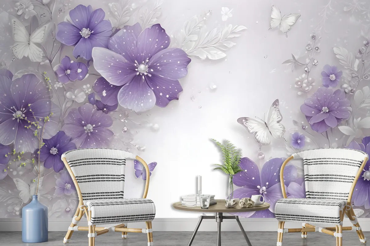 Purple Swarovski Floral With Little Butterfly Wallpaper Mural