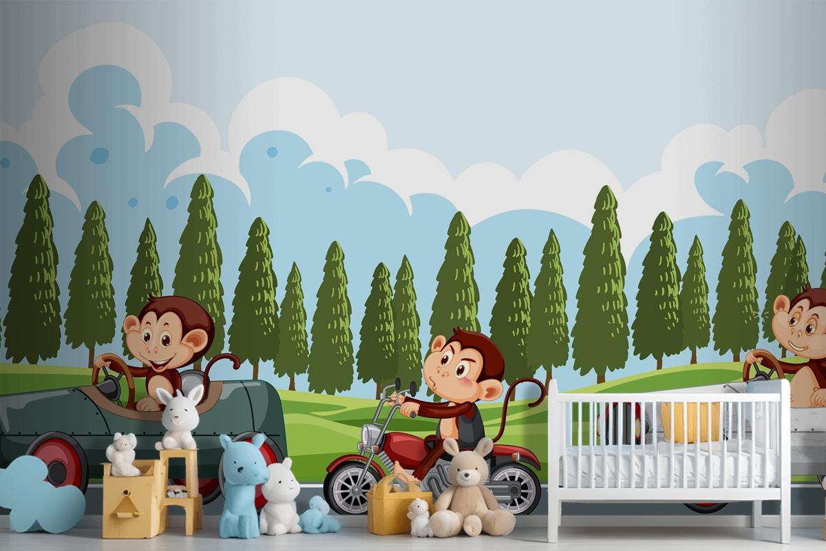 Race Track Scene With Monkey Racing Drivers Wallpaper Mural