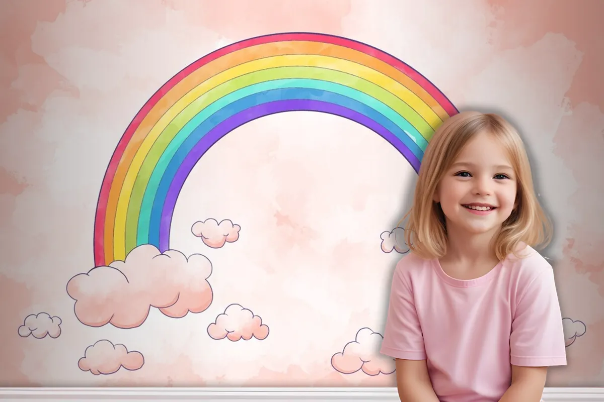 Rainbow With Clouds Watercolor Style Wallpaper Mural