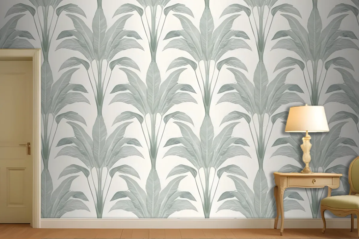 Repeating Pattern Of Large Green Palm Leaves Or Fronds Against A Light Gray Wallpaper Mural