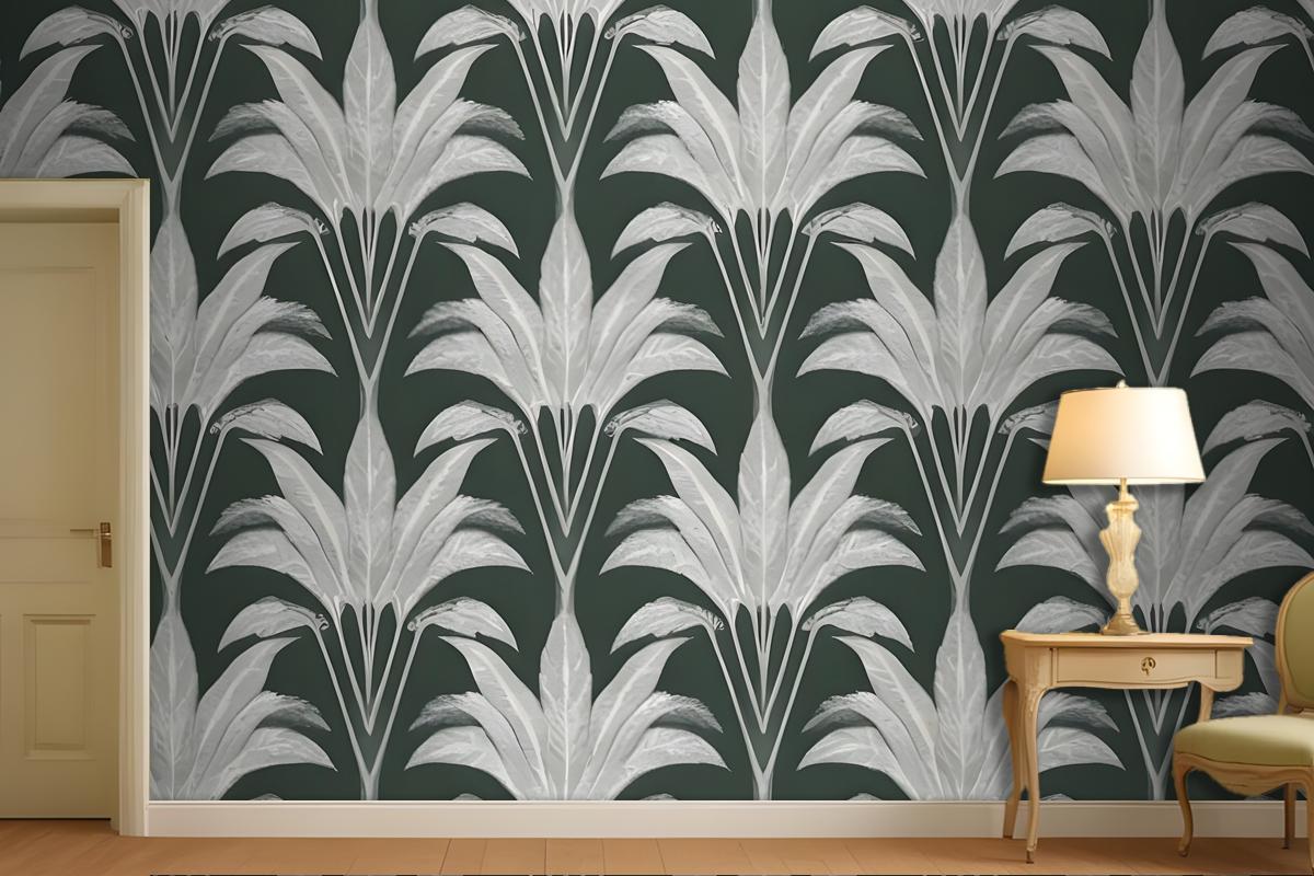 Repeating Pattern Of Leaflike Shapes In Shades Of Gray And White Against A Dark Green Wallpaper Mural