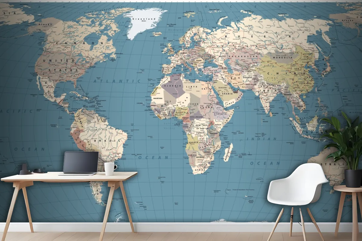 Retro Color World Map Borders Countries Roads And Cities Wallpaper Mural