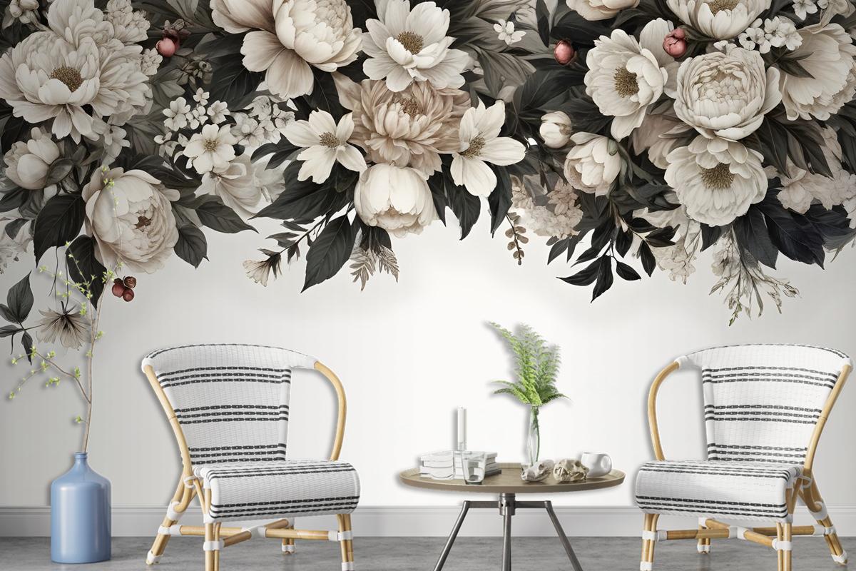 Retro Dark White Flowers Wallpaper Mural