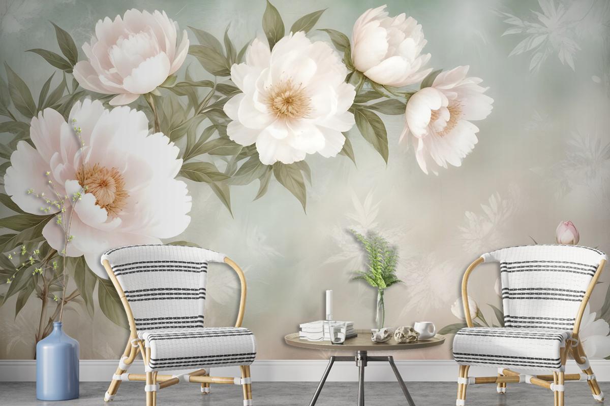 Retro Oil Painting White Flowers Wallpaper Mural