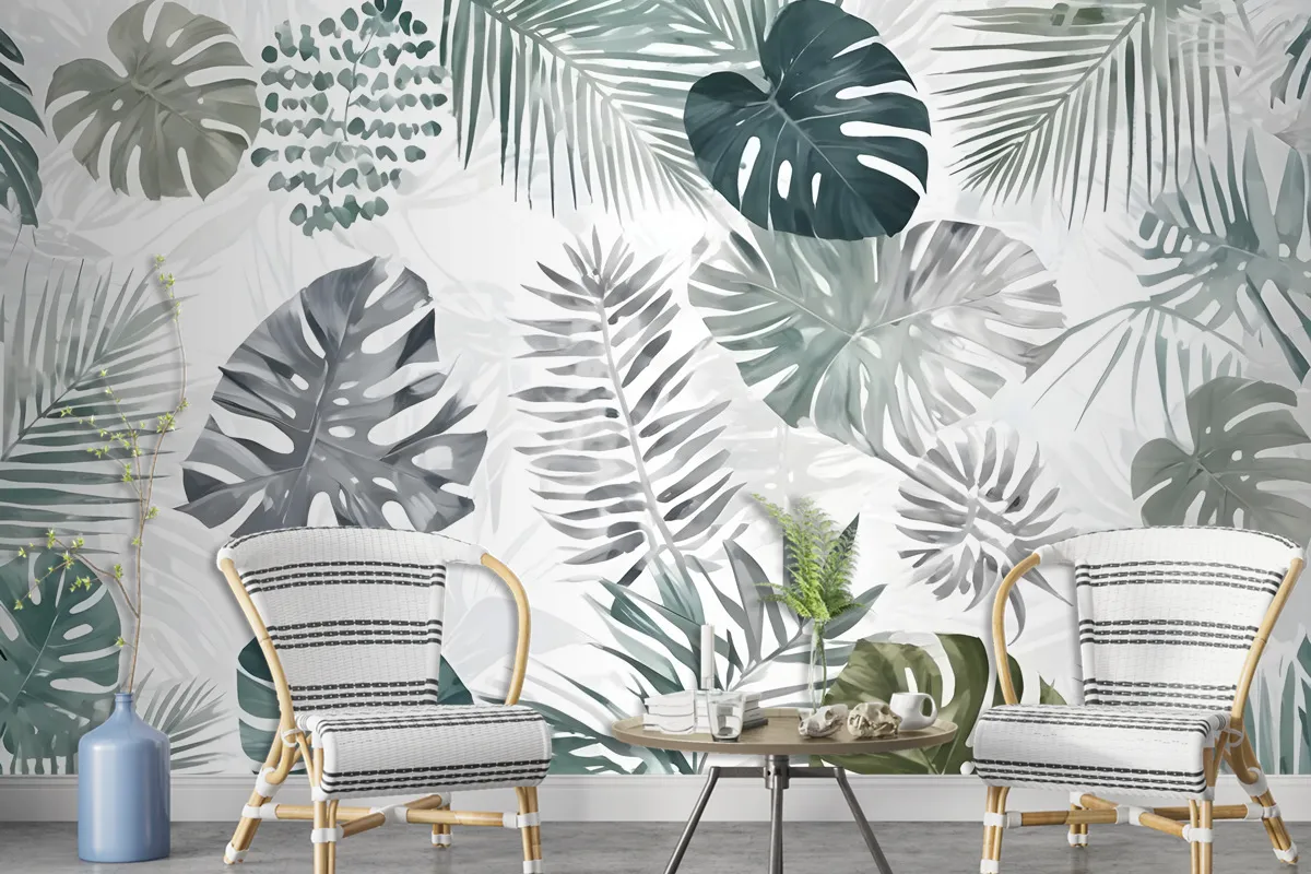 Retro Tropical Leaf Pattern Wallpaper Mural