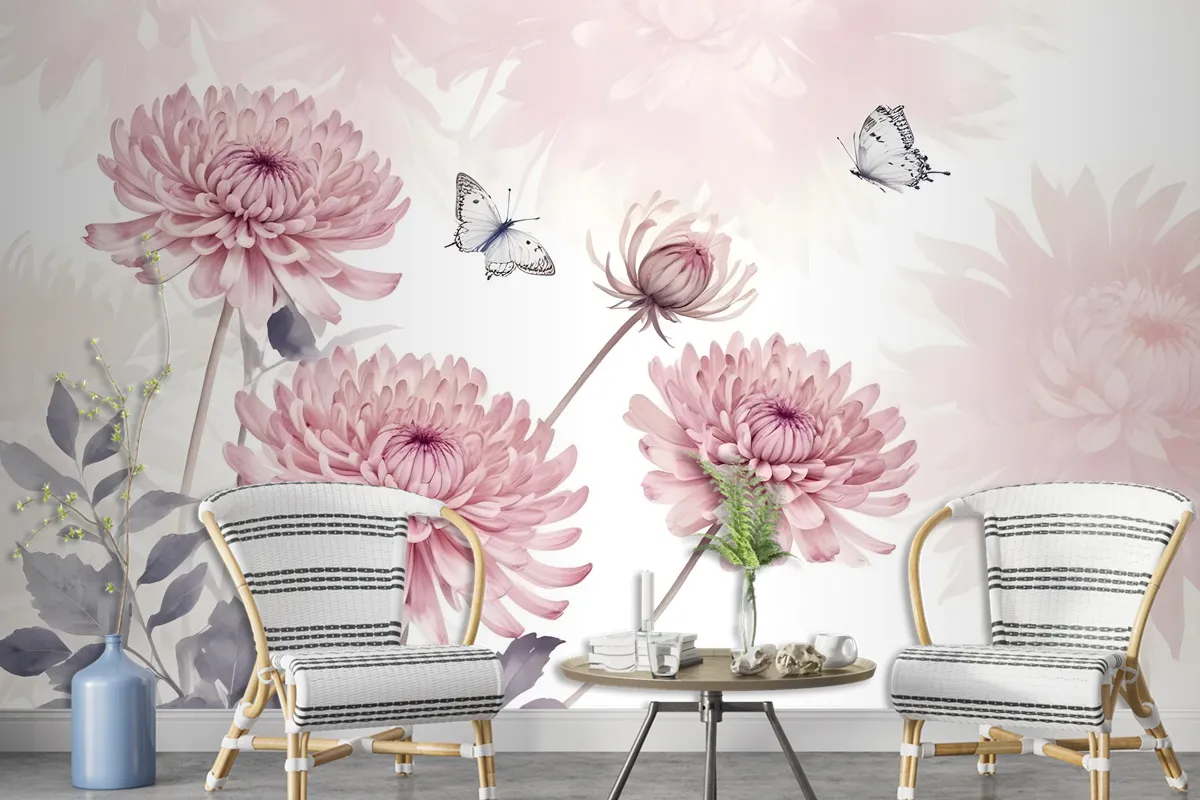 Retro Watercolor Pink Dandelion Flower Art Wallpaper Mural