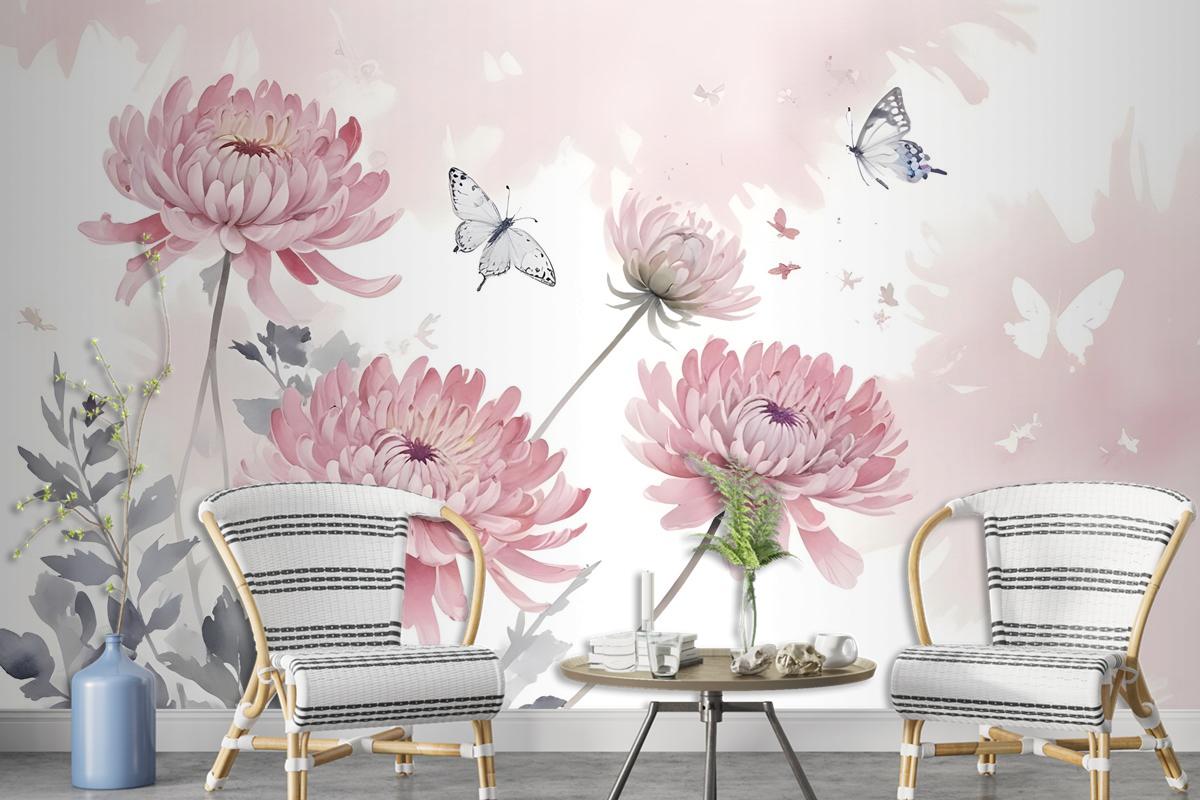 Retro Watercolor Pink Dandelion Flower Art Wallpaper Mural