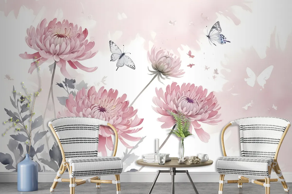 Retro Watercolor Pink Dandelion Flower Art Wallpaper Mural