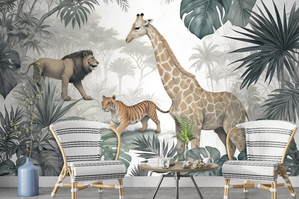 Retro Wild Animals With Tropical Leaves Wallpaper Mural