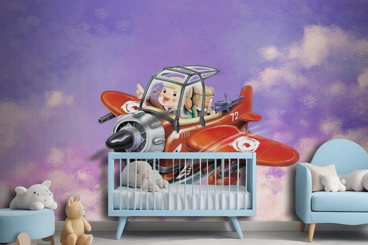 Riding A Red Plane Fly In The Sky Two Aviators Wallpaper Mural