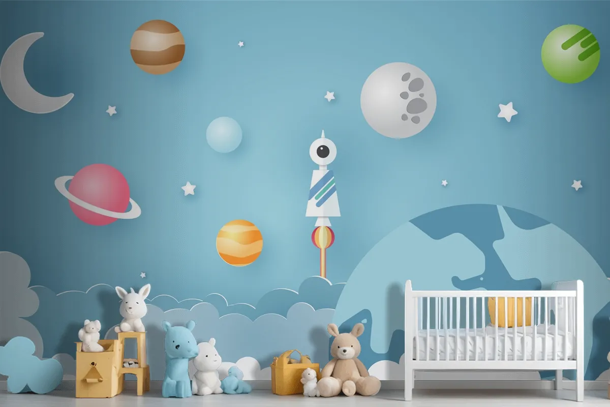 Rocket Is Surrounded By Various Celestial Objects Such As Planets Wallpaper Mural