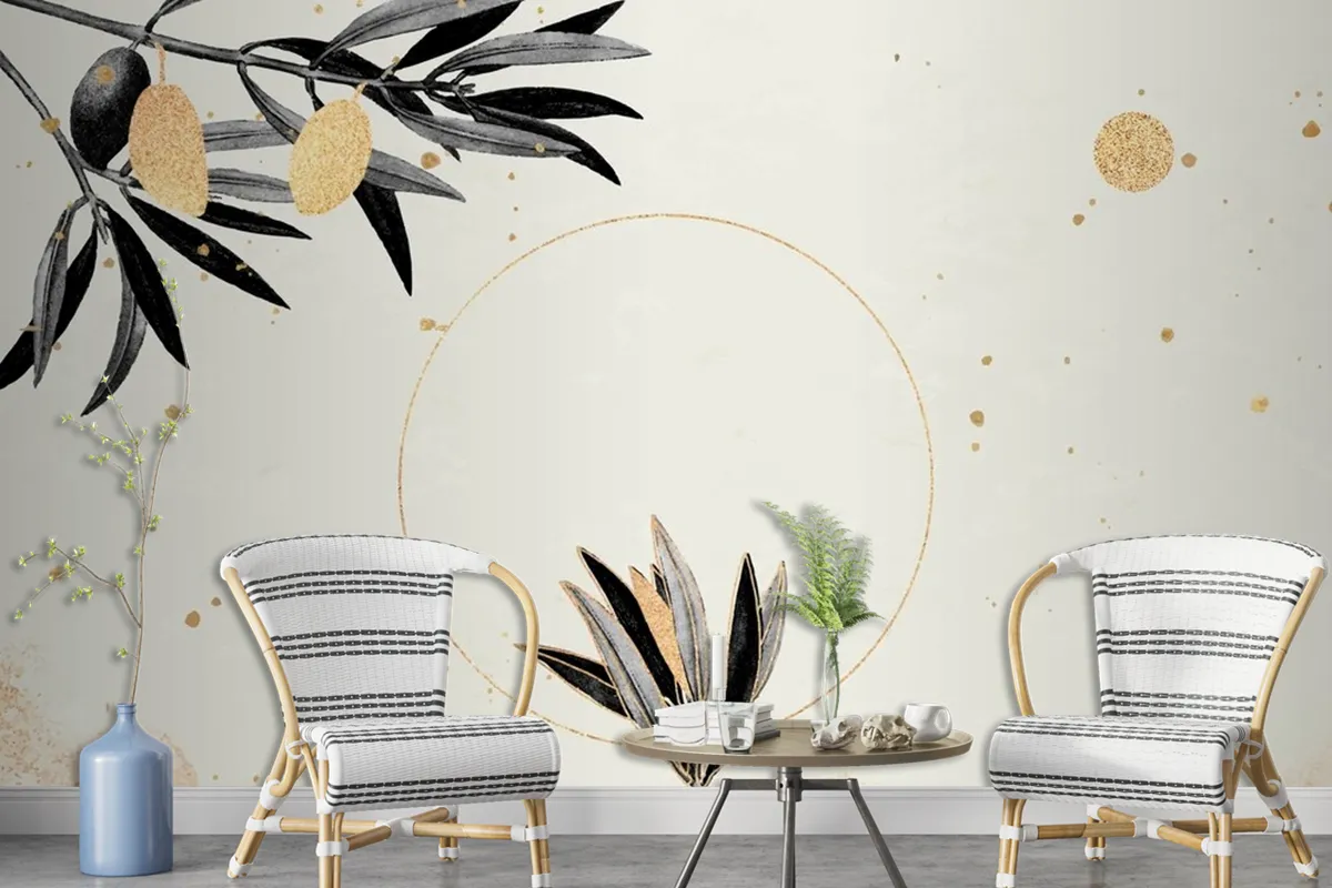 Round Gold Frame With Olive Branches Wallpaper Mural