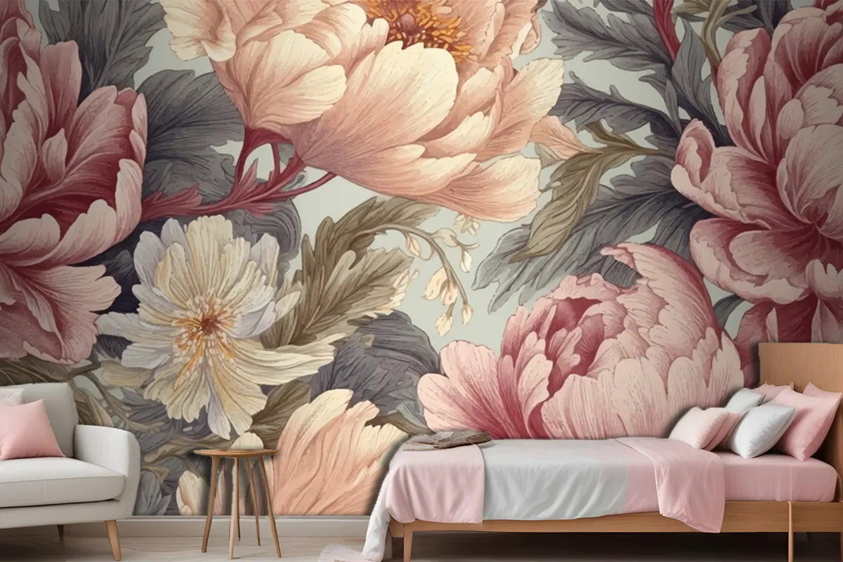 Seamless Boho Floral Pattern With Pink Peony Flowers Wallpaper Mural