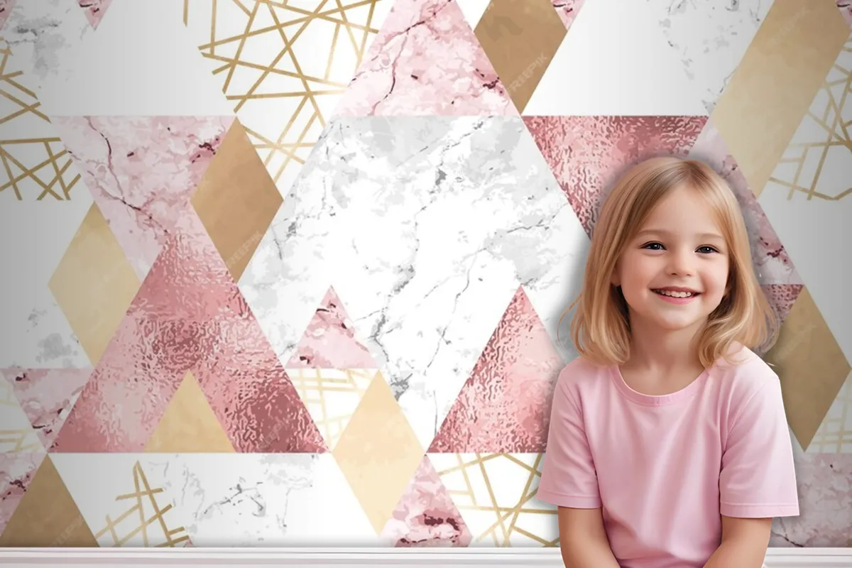 Seamless Geometric Pattern With Metallic Lines Rose Gold Gray And Pink Marble Triangles Wallpaper Mural