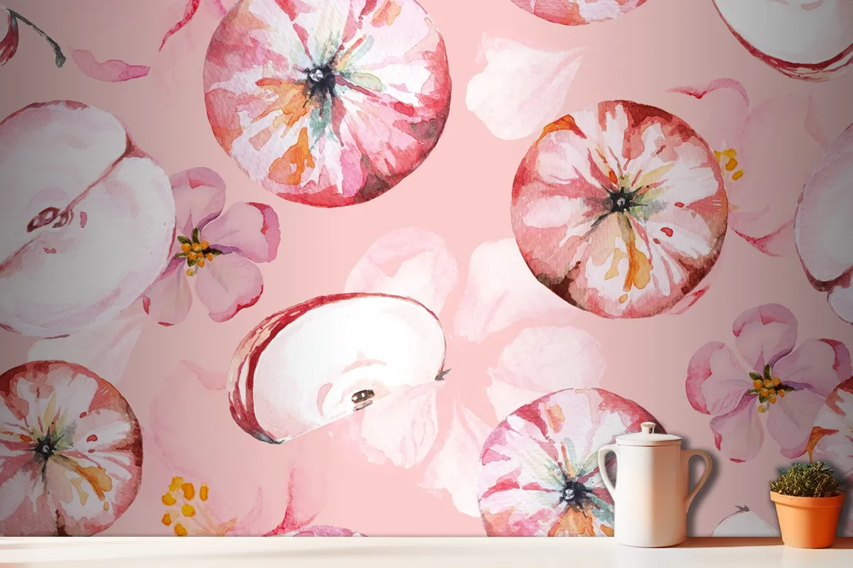 Seamless Pattern Apple And Flower Painted Wallpaper Mural