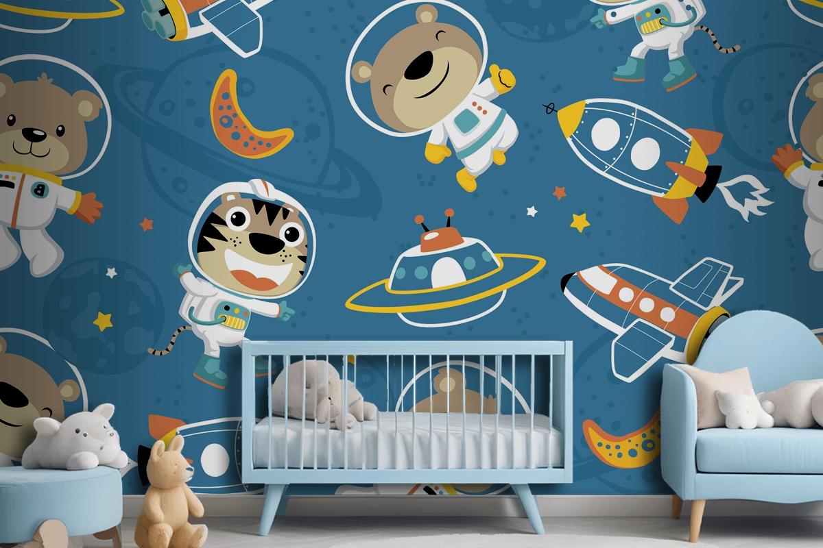 Seamless Pattern Of Funny Astronaut In Outer Space Transportation Wallpaper Mural