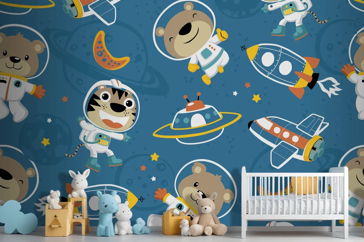 Seamless Pattern Of Funny Astronaut In Outer Space Transportation Wallpaper Mural