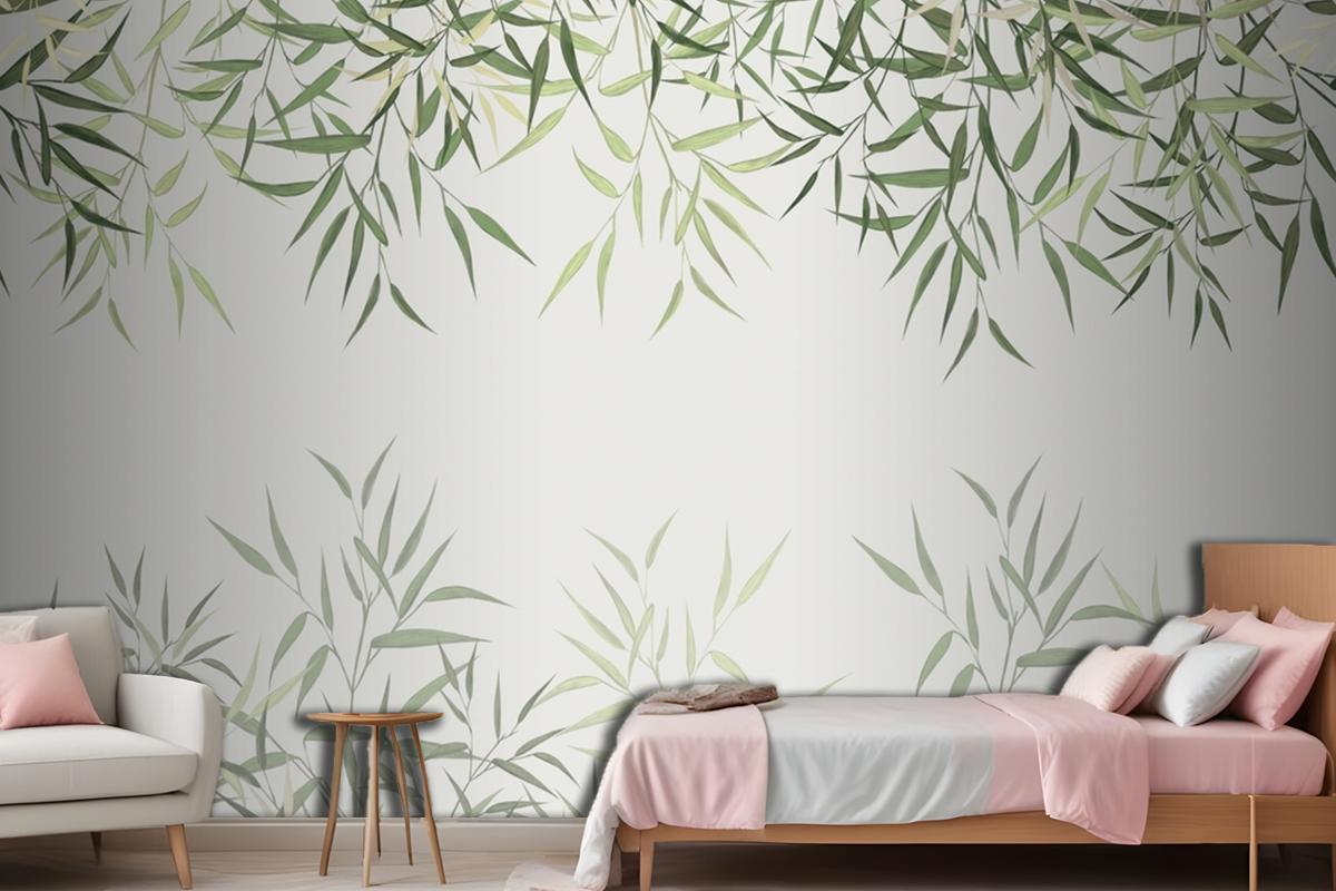 Seamless Pattern Of Reed Bamboo Leaves On A Light Background Wallpaper Mural