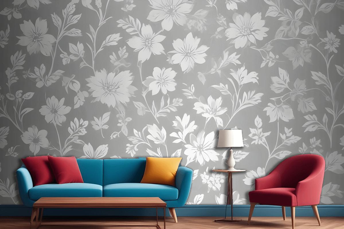 Seamless Pattern Of White Floral Silhouettes On A Light Gray Wallpaper Mural