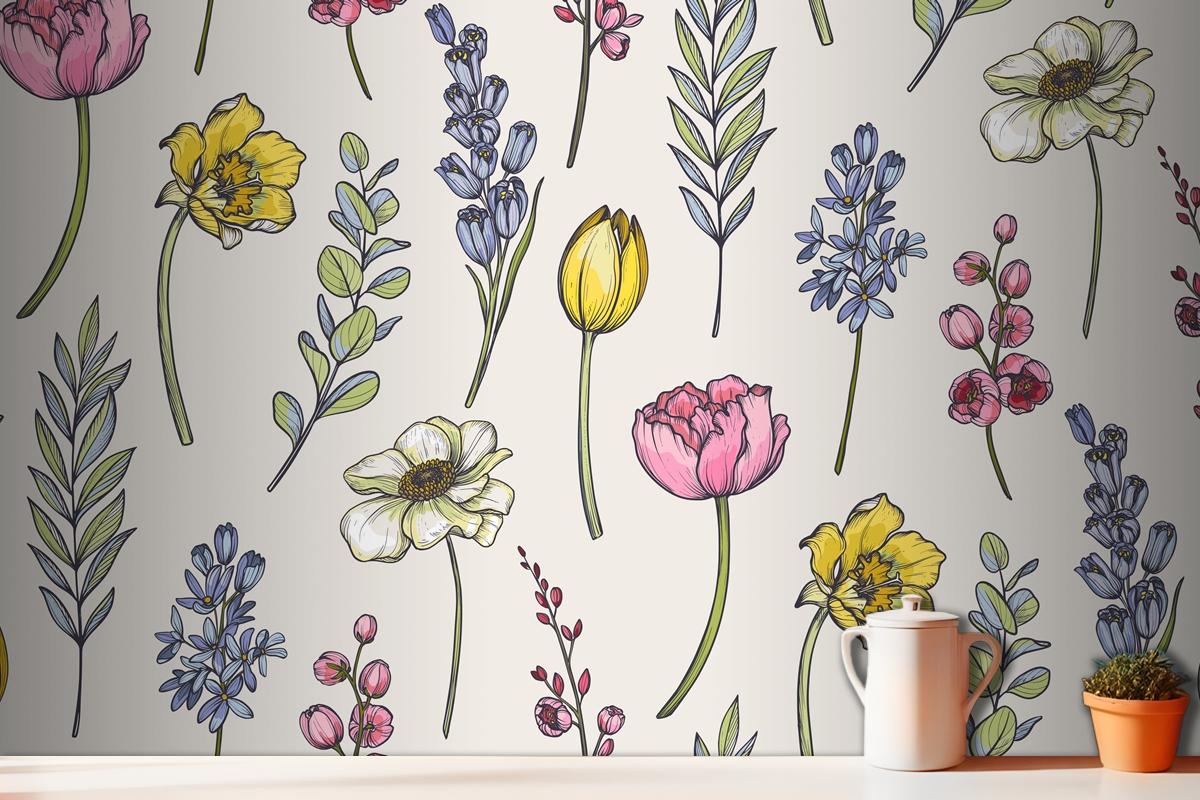 Seamless Pattern With Bouquets Of Spring Flowers Wallpaper Mural