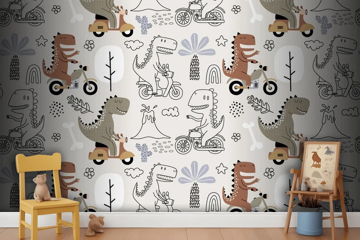 Seamless Pattern With Cute Dinosaur Riding A Motorbike Wallpaper Mural