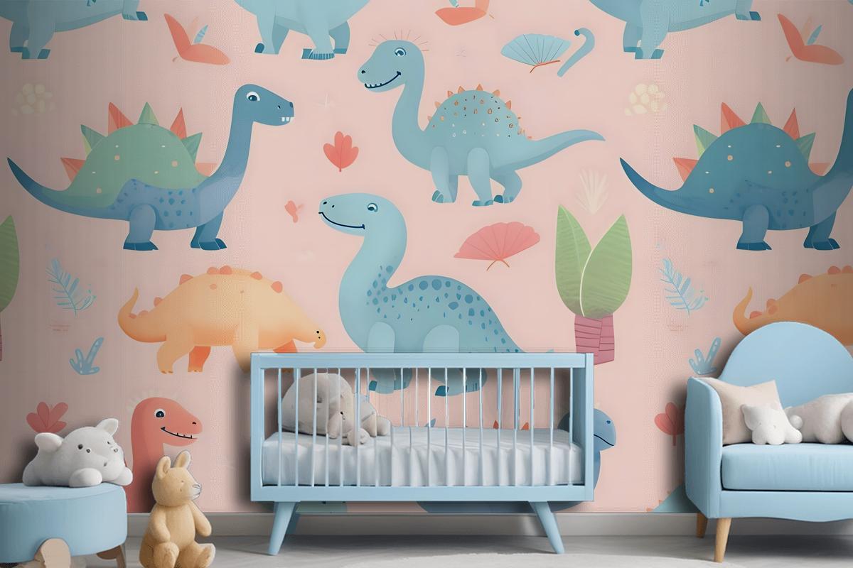 Seamless Pattern With Cute Dinosaurs Cute Dinosaurs Wallpaper Mural