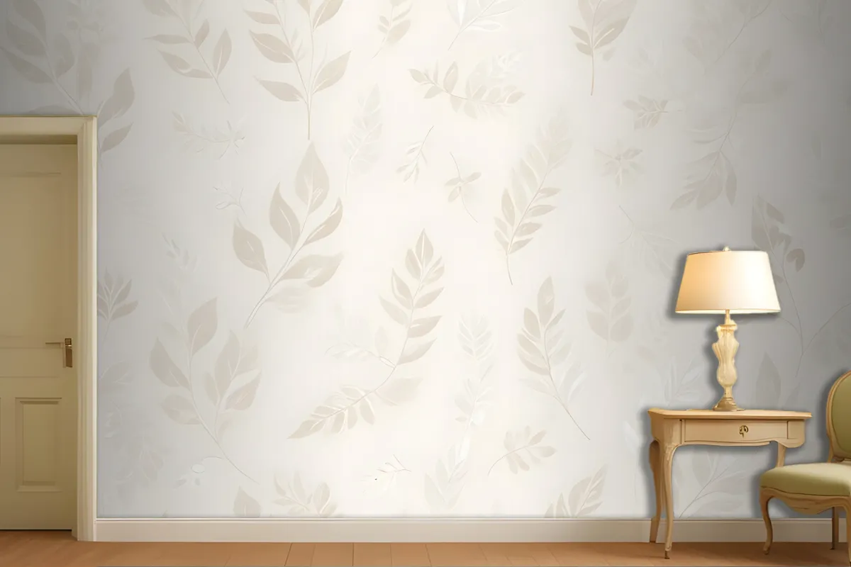 Seamless Pattern With Delicate White Leaves And Floral Elements On A Light Beige Wallpaper Mural