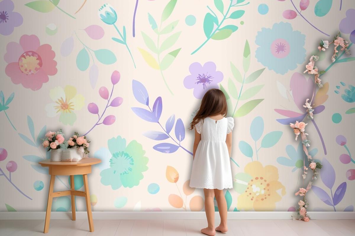 Seamless Pattern With Flowers And Leaves In Pastel Colors Wallpaper Mural