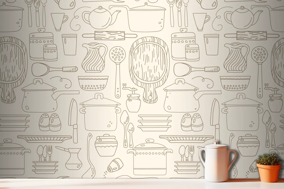 Seamless Pattern With Kitchen Utensils On Beige Wallpaper Mural