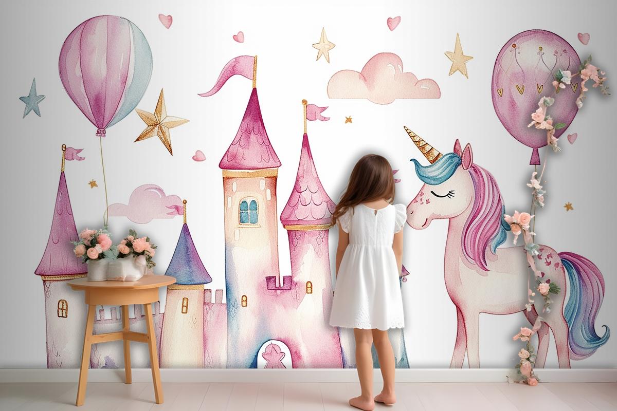 Set Of Cute Watercolor Kingdom Unicorn And Castle For Kids Book Birthday Party Wallpaper Mural