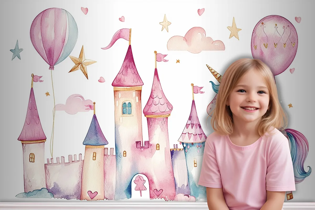 Set Of Cute Watercolor Kingdom Unicorn And Castle For Kids Book Birthday Party Wallpaper Mural